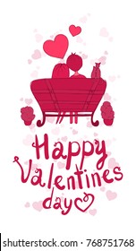 Couple in love. Card for Valentine's Day. Man and woman sitting on a bench in the park. Doodle outline rough hand-drawn illustration. Inscription Happy Valentines Day.