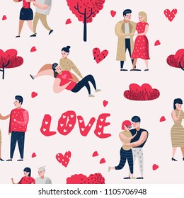 Couple in Love Cartoon Characters People Seamless Pattern. Valentine’s Day Background with Hearts and Romantic Elements. Love and Romance Concept. Vector illustration