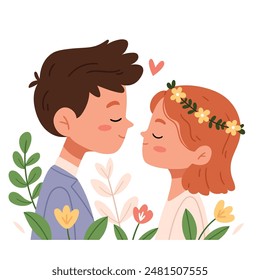 A couple in love in a cartoon style. A girl in a wreath and a boy kissing in the middle of flowers.Supportive romantic relationships, tenderness, trust concept. 