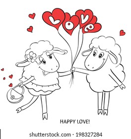 Couple in love. Cartoon Two cute enamored sheep with red hearts.  Idea for greeting card with Happy Wedding or Valentines Day. Vector doodle illustration.