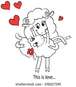 Couple in love. Cartoon Two cute enamored sheep with red hearts.  Idea for greeting card with Happy Wedding or Valentines Day. Vector doodle illustration.