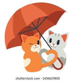 The couple love of cats sitting under the red umbrella and it tail look like heart in flat vector style. Illustration about love for graphic,content , banner, sticker label and greeting card.