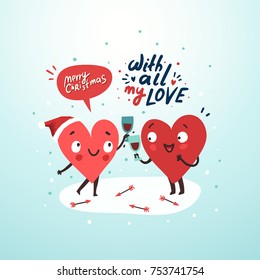 Couple in love celebrating Christmas. Two happy hearts in love drinking red wine. Romantic love story