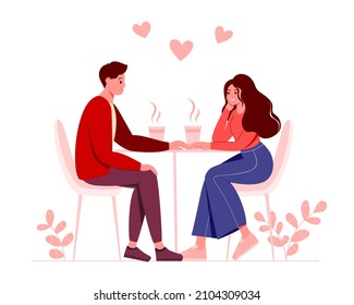 Couple in love celebrating holiday, holding hands and drinking coffee. Man and woman spending time together. Young people resting on romantic date. Saint Valentine's Day. Vector illustration 