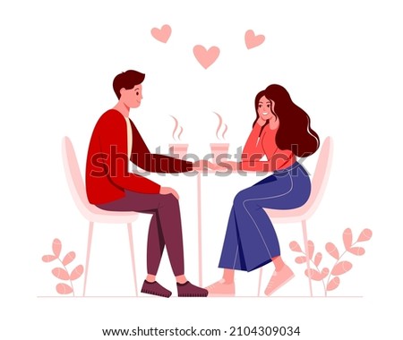 Couple in love celebrating holiday, holding hands and drinking coffee. Man and woman spending time together. Young people resting on romantic date. Saint Valentine's Day. Vector illustration 
