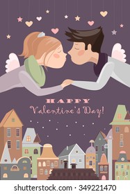 Couple in love celebrating Valentines Day. Vector romantic greeting card