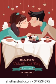 Couple in love celebrating Valentines Day. Vector romantic greeting card