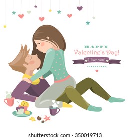 Couple in love celebrating Valentines Day. Vector romantic greeting card