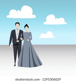 Couple in love character with cartoon summer style vector illustration. Concept of wedding and relationship.
