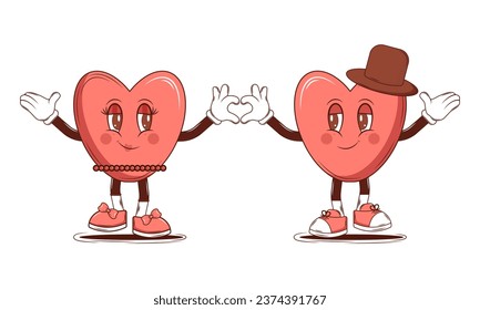 Couple in love Characters hearts. Groovy retro cartoon lovely heart sticker, patch. Valentines Day. For poster, card, print. Trendy retro 60s 70s style. Red, pink colors. Vector illustration