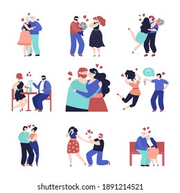 Couple In Love Characters. Loving People, Happy Woman Man With Gift. Romance Character In Restaurant, Valentine Day Dating Decent Vector Set