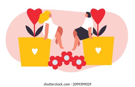 Couple in love characters. Loving people, happy man and woman with heart, watering can for flowers. Romance character. Celebrating valentine's day.Vector illustration. Set of happy cartoon.