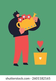 Couple in love characters. Loving people, happy man and woman with heart, watering can for flowers. Romance character. Celebrating valentine's day. Vector illustration. 