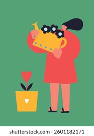 Couple in love characters. Loving people, happy man and woman with heart, watering can for flowers. Romance character. Celebrating valentine's day. Vector illustration. 