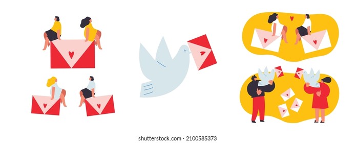 Verliebte Figuren. Vektorgrafik mit jungen Männern und Frauen, die einen großen Brief halten. Romantischer Charakter, Botschaft, Kommunikation. Valentinstag. Hübsches buntes Typografie-Poster. Einzeln. EPS