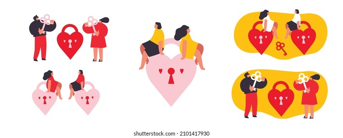 Couple in love characters. Vector illustration with young man and woman holding huge lock. Romance character, message, communication. Valentine's day. Funny colored typography poster. Isolated. EPS