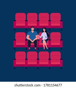 A couple in love at the cinema, there are no more people. Vector 
cartoon characters. Young people, а girl and a man are watching a movie, eating popcorn.