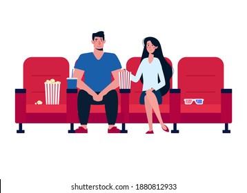 A couple in love at the cinema, there are no more people. Young people, a girl and a man watching a movie, eating popcorn. Vector cartoon characters on white background. 