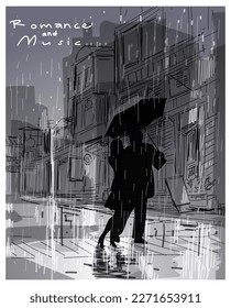 Couple in love in the city under rain hand drawn silhouettes vector illustration background. Monochrome romantic design for poster, cover, books, cards and prints.