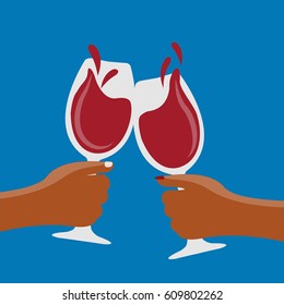 couple in love clinking with wine vector illustration in valentines day. two hands clinking cheers & flat design red wine glasses & splashing. Hand of a man & hand of a woman holding glasses of wine. 