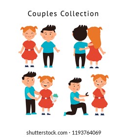 Couple in love collection. Set of happy cartoon characters. Date, marriage propose, hugs, romantic. Valentine's day concept. Flat vector illustration isolated.