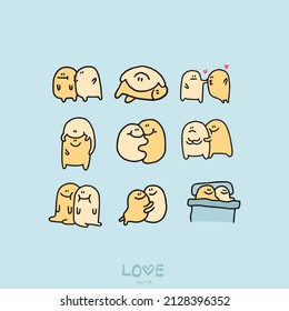 Couple in love collection. Vector cartoon flat illustration of diverse cartoon young people in different actions of happiness, falling in love, kiss and love sharing.  Linear set in hand drawn style.