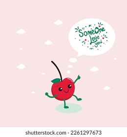 Couple in love concept, cherry hugging. Hand Drawn Lettering "someone love you". Valentine's Day Vector Card