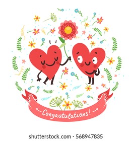 Couple in love concept. Cute hearts characters. Man giving flowers to woman and ribbon with "Congratulations" text.. First love date. Vector card for wedding or Valentine's day.