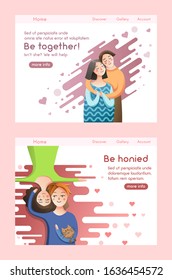 Couple in love concept. Man and woman relationship. Happy romantic family together hug each other. Vector web site design template. Landing page website concept illustration.