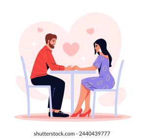 Couple in love concept. Man and woman in cafe or restaurant. Romantic activity and date. Groom and bride. Poster or banner. Cartoon flat vector illustration isolated on white background