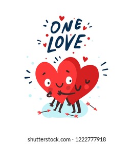 Couple in love concept, two cute hearts hugging. Hand Drawn Lettering "One Love". Valentine's Day Vector Card