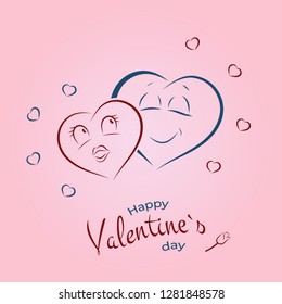 Couple in love concept, two cute hearts hugging. Hand drawn male and female hearts with little hearts around. Valentine's Day Vector Greeting Card