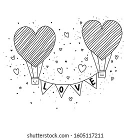 Couple in love concept, two cute hearts hugging. Hand Drawn Lettering "Be mine". Valentine's Day Vector Card