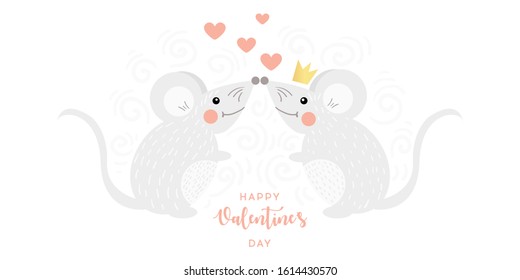 Couple in love concept, two cute mices. Love concept. Mouse with heart in cartoon style. Cute mouse in love. Vector cartoon style romantic. Valentine's Day Vector Card.