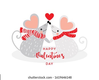 Couple in love concept, two cute mices. Love concept. Mouse with heart in cartoon style. Cute mouse in love. Vector cartoon style romantic. Valentine's Day Vector Card.