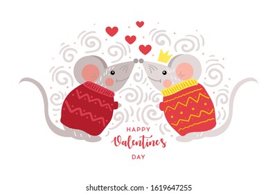 Couple in love concept, two cute mices. Love concept. Mouse with heart in cartoon style. Cute mouse in love. Vector cartoon style romantic. Valentine's Day Vector Card.