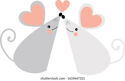 Couple in love concept, two cute mices. Love concept. Mouse with heart in cartoon style. Cute mouse in love. Vector cartoon style romantic. Valentine's Day Vector Card.