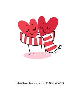 Couple in love concept, two cute hearts hugging. Hand Drawn Valentine's Day Vector Card. Warm scarf.