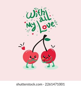 Couple in love concept, two cute cherry hugging. Hand Drawn Lettering "you make me soy happy". Valentine's Day Vector Card