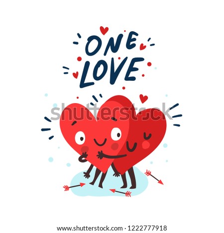 Couple in love concept, two cute hearts hugging. Hand Drawn Lettering 