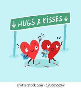 Couple in love concept. Two happy hearts traveling together with map. Road sign "Hugs and Kisses". Happy Valentine's day Card