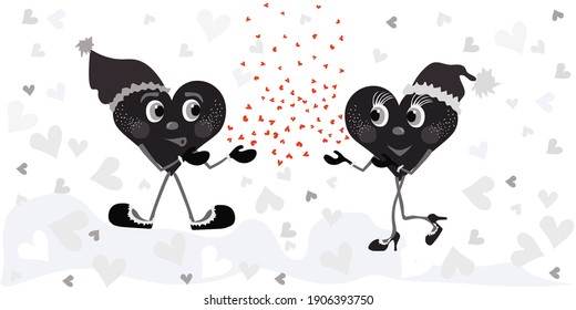 Couple in love concept. Vector illustration with two heart characters as symbols of love (male and female). Funny cartoon persons in winter hats, shoes, mittens. Doodle style painting. Black and white