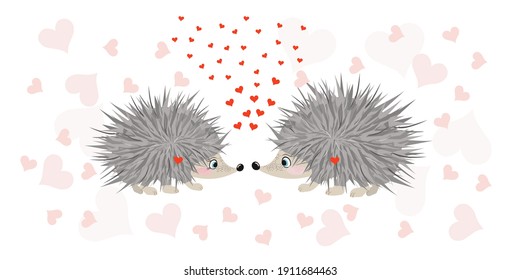 Couple in love concept. Vector illustration with two hedgehogs (male and female) and small scattered hearts. Cute hand drawn animals. Valentines day background. Funny cartoon design for kids