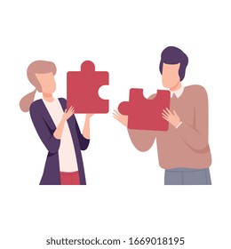 Couple in Love Connecting Puzzle Elements, People Trying to Save Love and Friendship Flat Vector Illustration