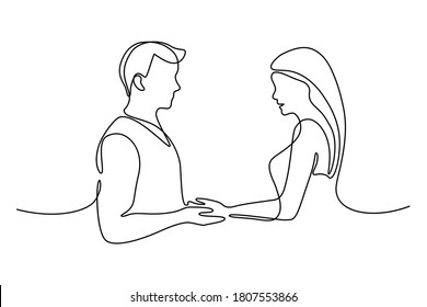 Couple in love in continuous line art drawing style. Loving man and woman standing facing each other holding hands black linear sketch isolated on white background. Vector illustration