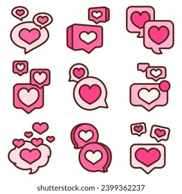 Pareja de conversación de amor. El discurso burbuja con el corazón por el romántico chat de San Valentín. Como la notificación. Estilo dibujado a mano. Dibujo de vectores. Colección de elementos de diseño.