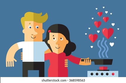 Couple in love cooking a dinner together. Flat vector illustration.