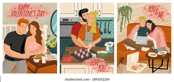 Couple In Love Cooking And Watching Movie Together. Valentine Day Concept Vector Illustration. Romantic Couple. Man Brings Breakfast To Bed. Poster For 14 February Holiday