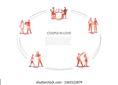 Couple in love - couples having dinner in restaurant, walking hand by hand, dancing, man helping woman to carry things, giving flowers vector concept set. Hand drawn sketch isolated illustration