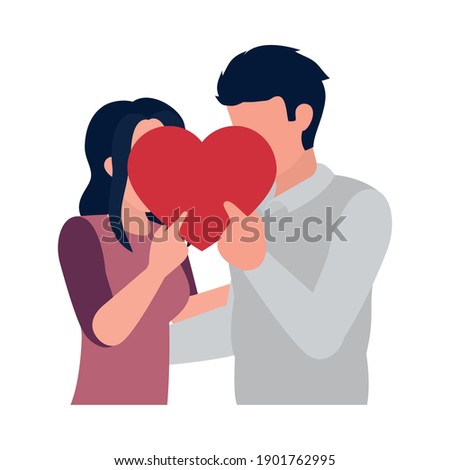couple in love covering their faces with a heart over white background, colorful design, vector illustration